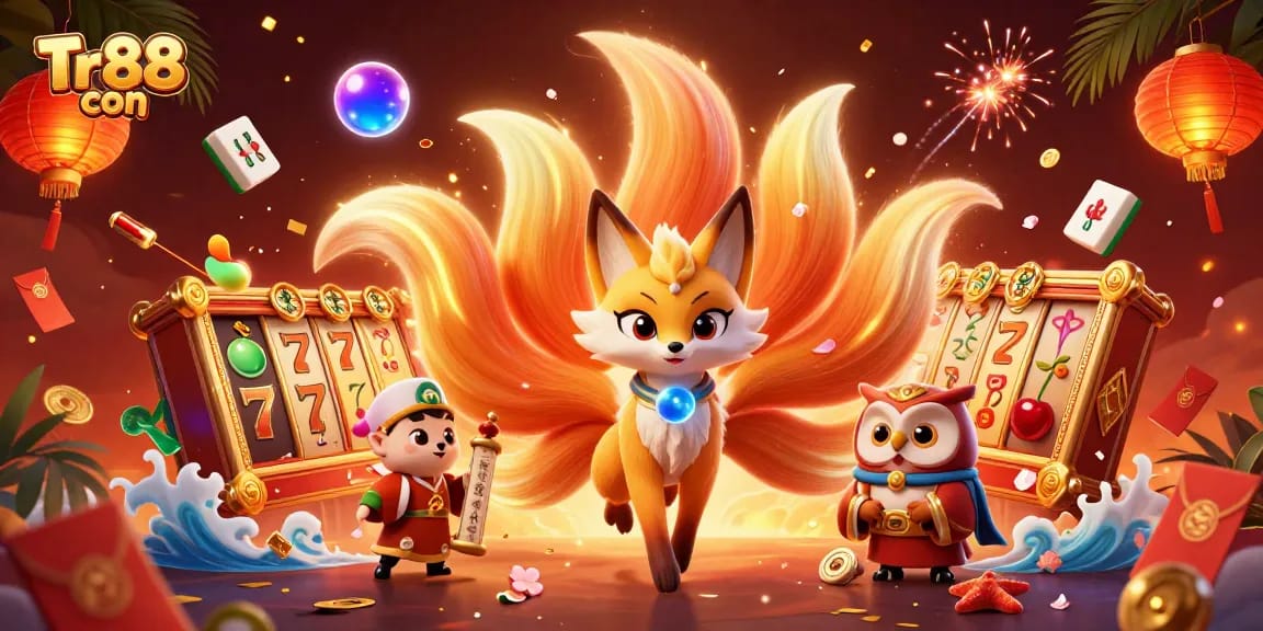 Engage with the vibrant world of Tr88 con, featuring a nine-tailed fox spirit among colorful casino elements.