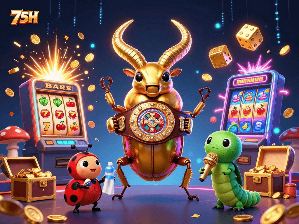 Veja a cena vibrante com o 75H e um besouro gigante na luta por jackpots emocionantes.
