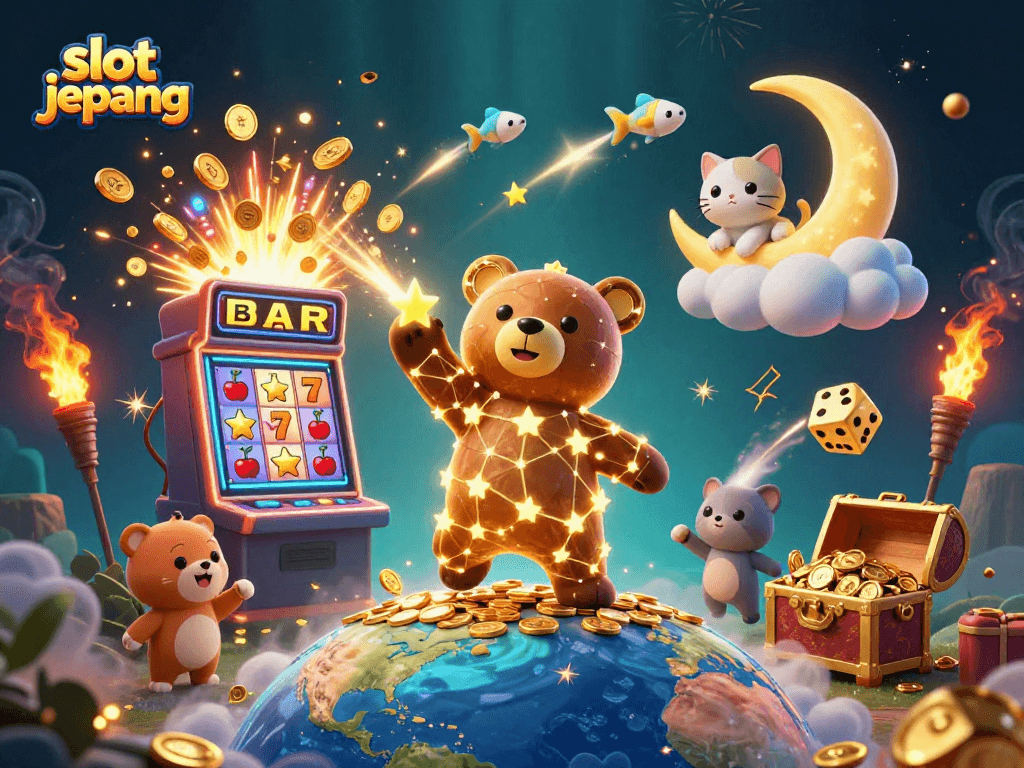 Spin and win with slot jepang in this vibrant 3D casino illustration featuring exciting game elements.