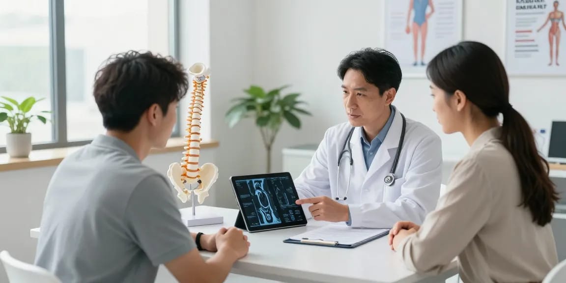 Discussing boyun fıtığı ameliyatı options with a surgeon in a modern clinic.