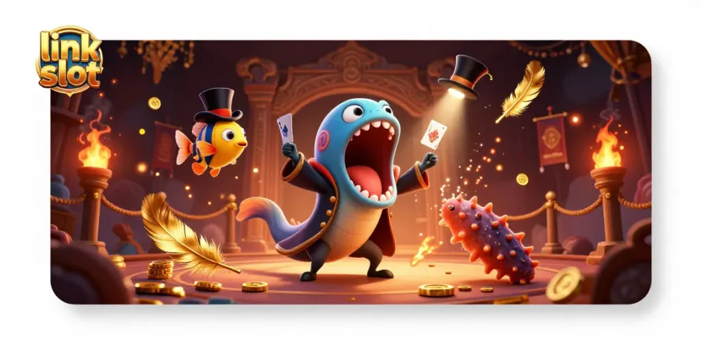 Engage with the link slot magic in a vibrant, illustrated casino scene featuring enchanting sea creatures.