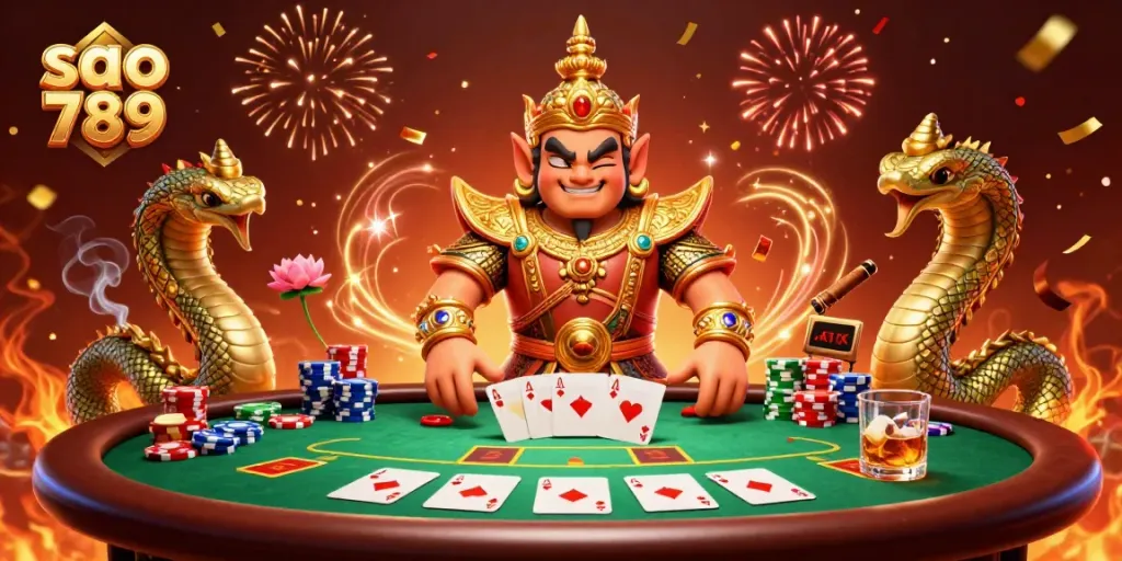 Experience the thrill of sao 789 with a vibrant casino scene featuring a guardian, poker table, and winning elements.