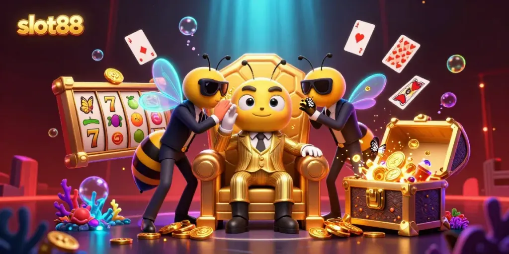 Spin to win with slot88 in a vibrant and dynamic gambling scene featuring a mob boss, bodyguards, and a butterfly whispering secrets.