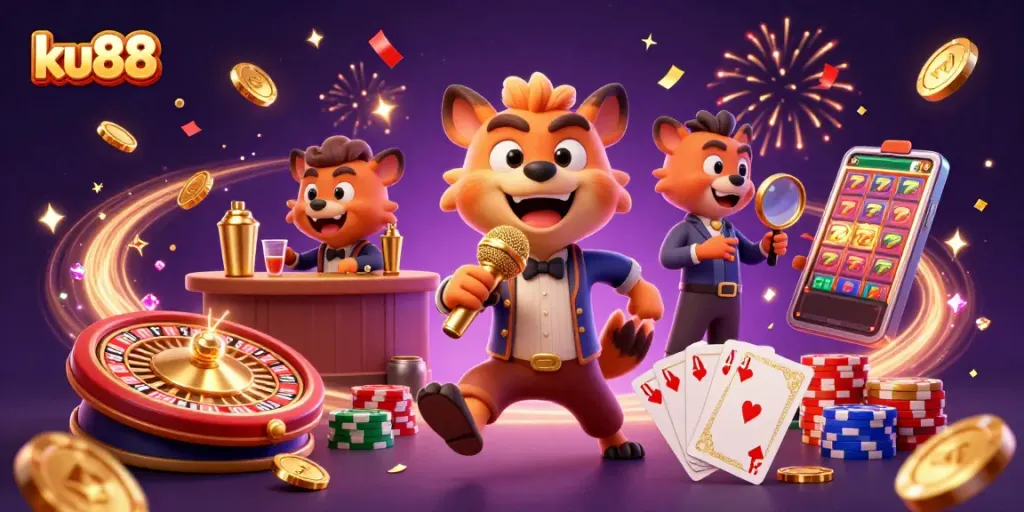 ku88 hyenas entertain in a vibrant casino scene with dynamic games and golden treasures