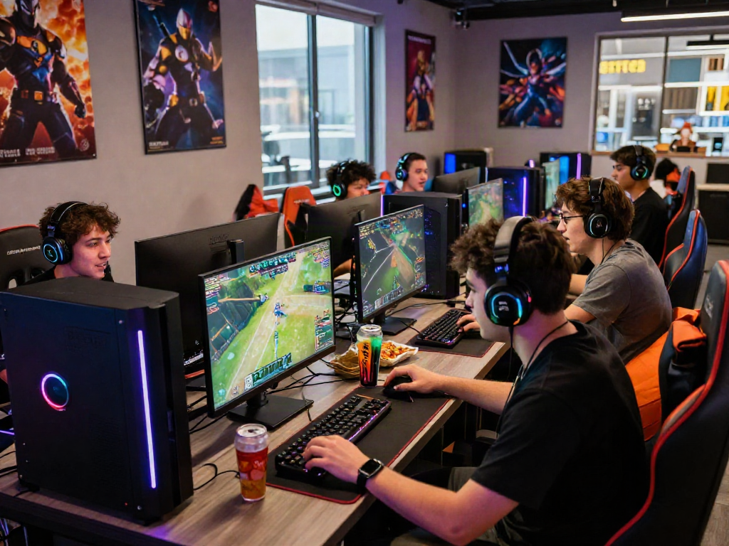 Rokok88 daftar gaming lounge scene with friends enjoying a competitive session