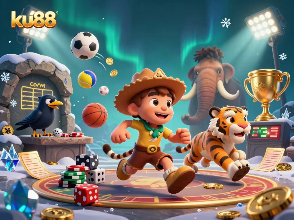 Experience the excitement of ku88 with a 3D animated prehistoric casino scene featuring sports betting elements.