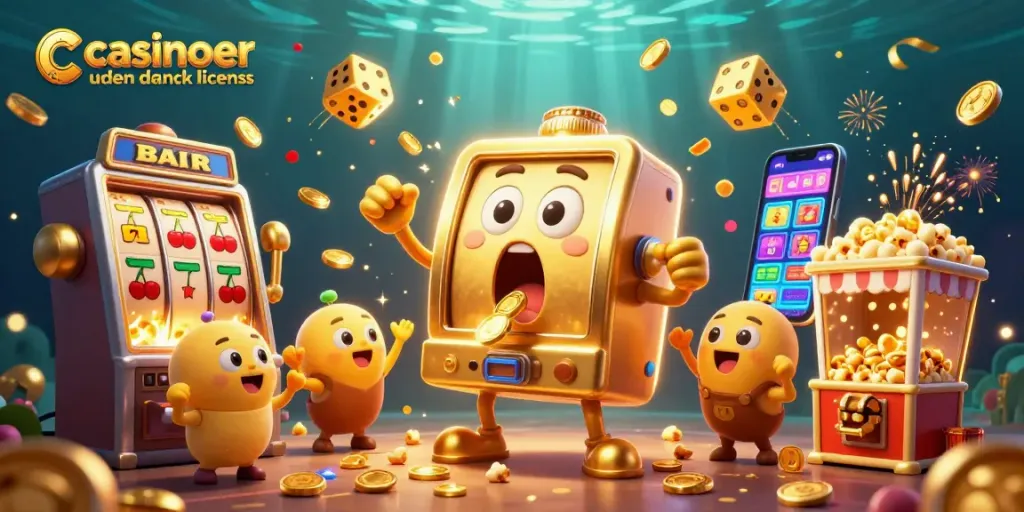 Exciting jackpot celebration at casinoer uden dansk licens with cheerful slot machines and sparkling coins.