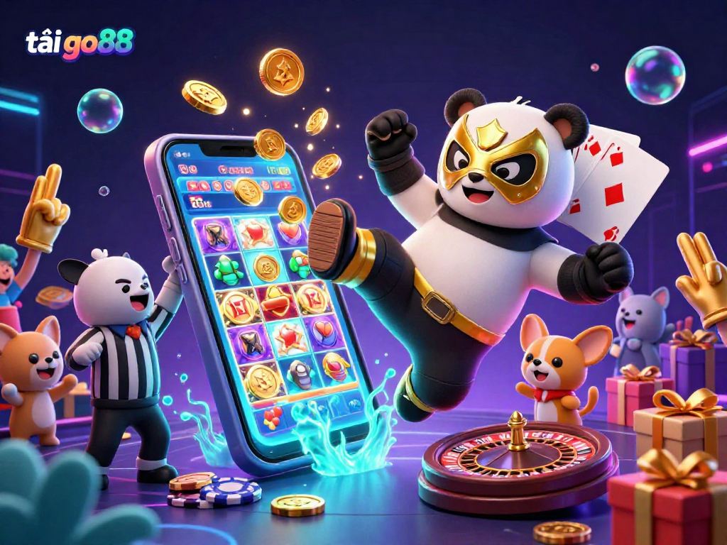 Experience the excitement of tải go88 with vibrant 3D casino action featuring a panda wrestler and exciting gaming elements.