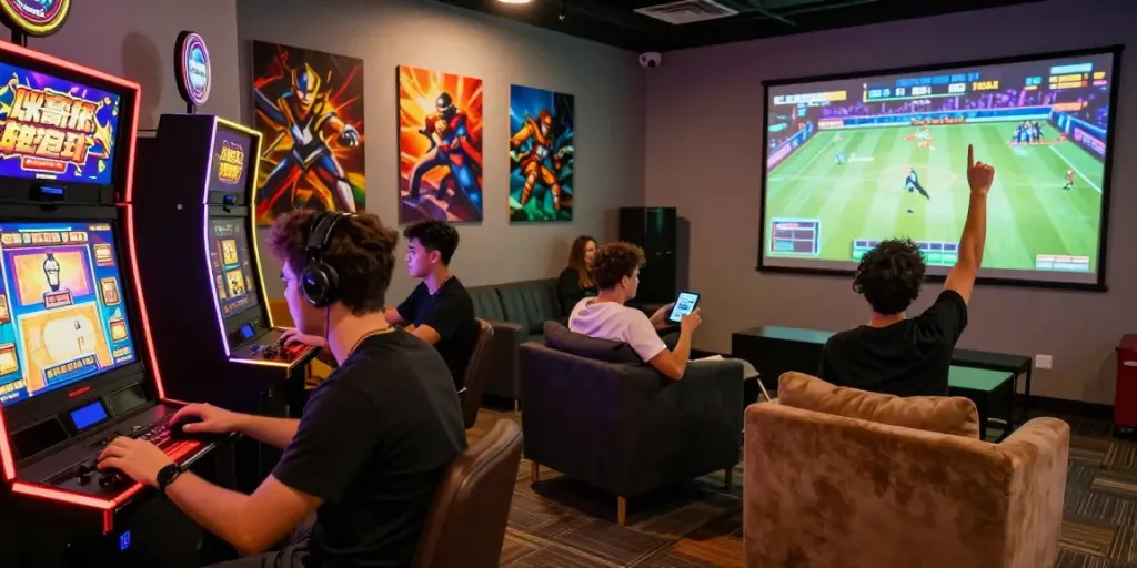 Experience ROKOK88 login with friends in a vibrant gaming lounge, featuring diverse players enjoying various games together.