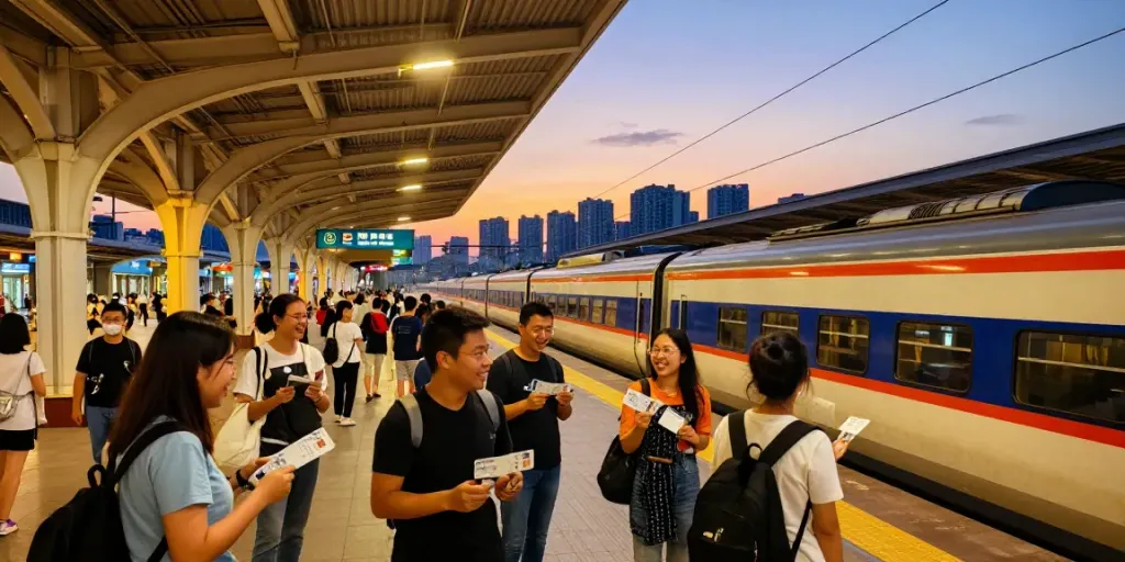 "Group train tickets for friends traveling together through vibrant cityscapes."