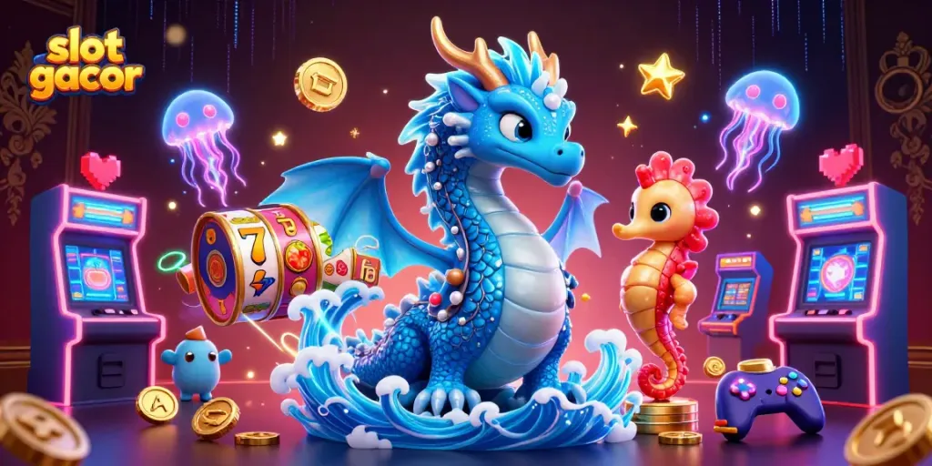 Engage with slot gacor games featuring an azure water dragon, seahorse knight, and vibrant casino elements.