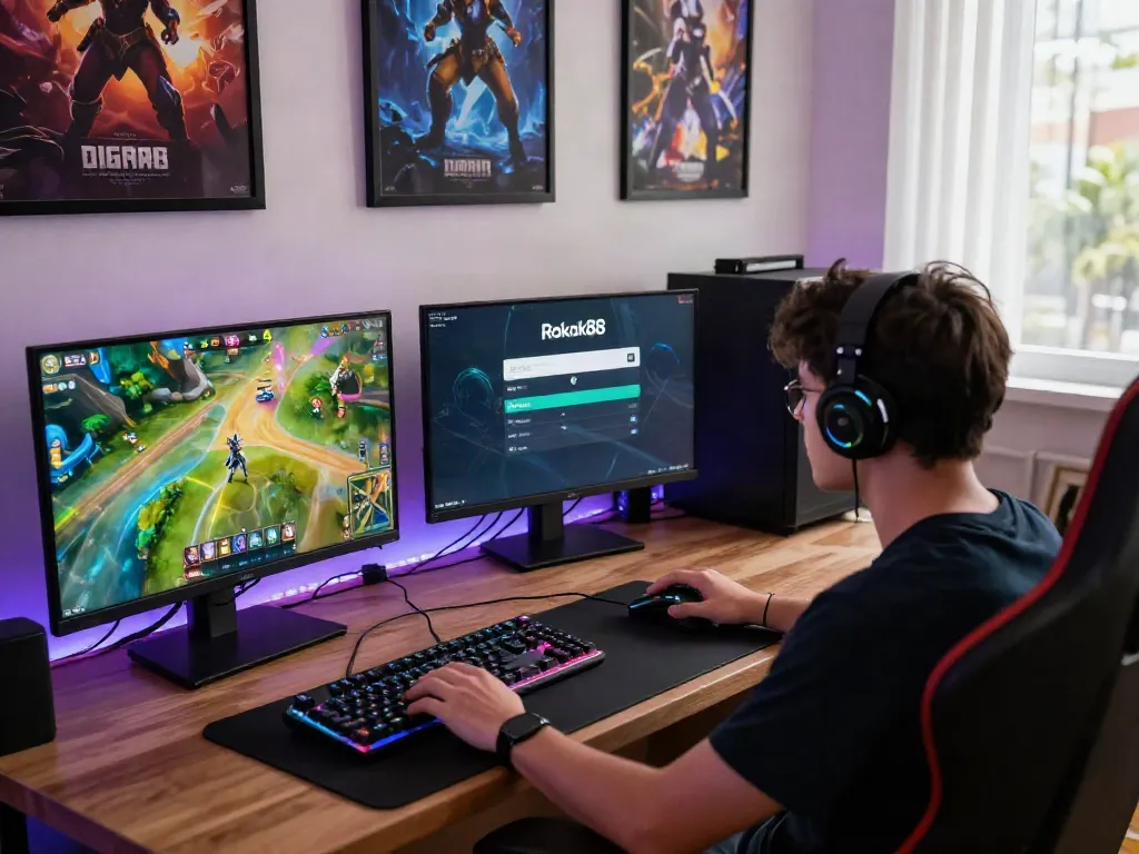 Engaging scene of Rokok88 login with vibrant game graphics and modern gaming setup.