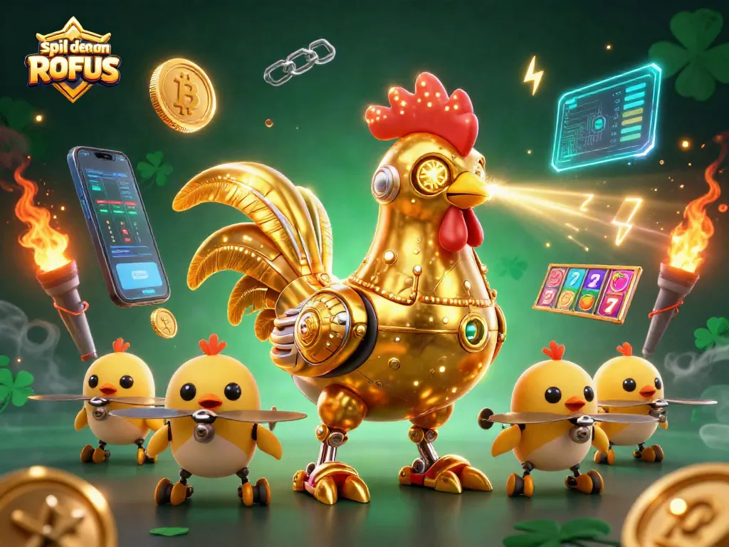 Engage with spil uden om ROFUS in a vibrant casino setting featuring a golden rooster robot and baby chick drones.