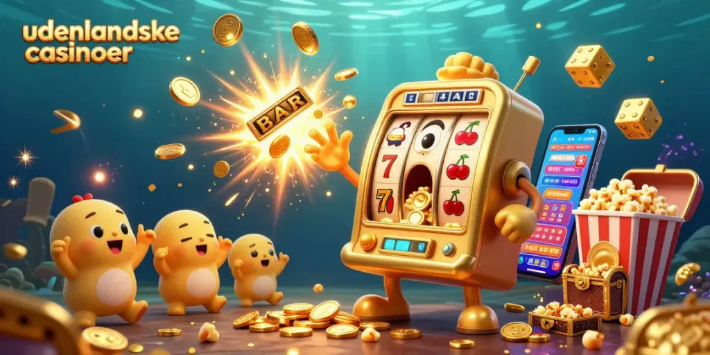 Experience the excitement of udenlandske casinoer with vibrant slot machines and jackpot action in this 3D illustration.
