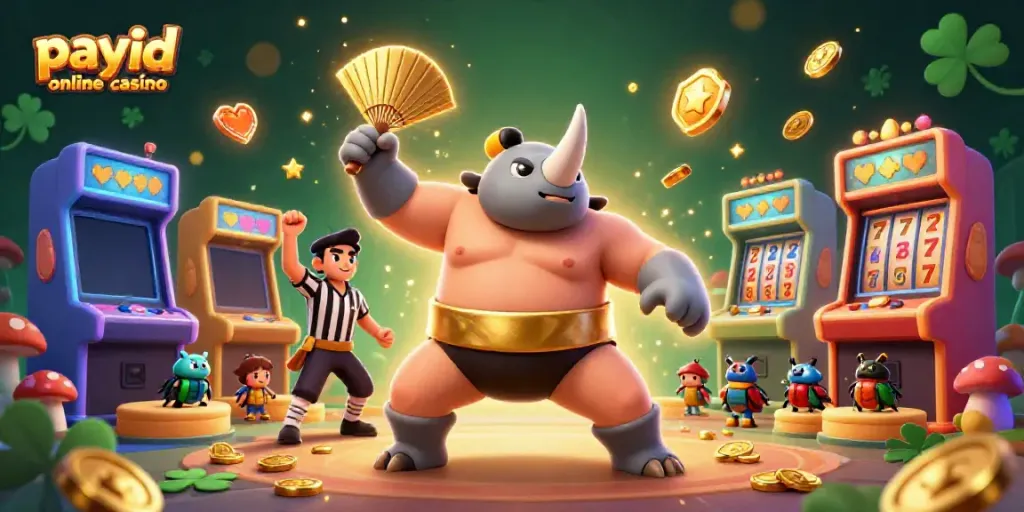 Experience the excitement of payid online casino with a vibrant scene of a sumo beetle champion amidst golden coins and game elements.