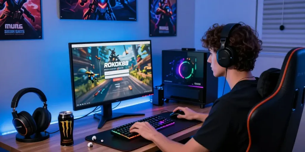 Engaged user at ROKOK88 login on modern gaming setup with colorful elements.
