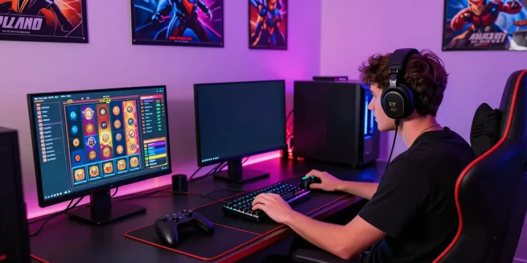 Player enjoying rokok88 online slot game on a vibrant gaming setup