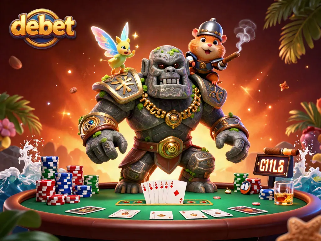 Join the fun at debet with a magical gambling scene filled with lively characters, poker elements, and vibrant details.