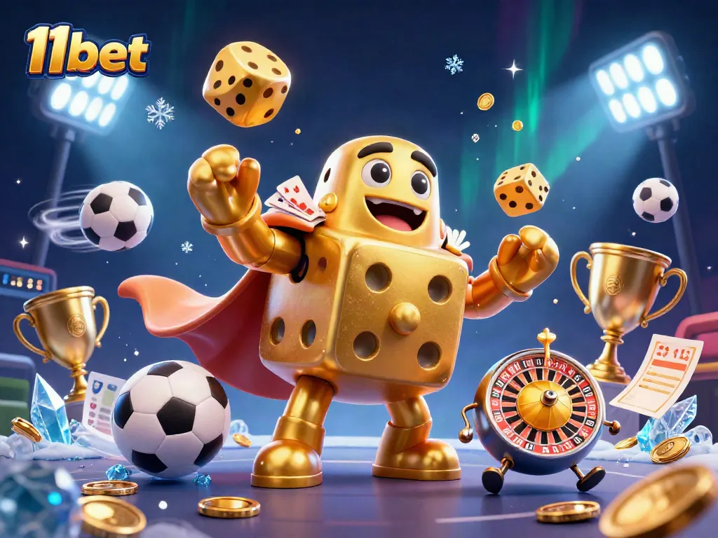 Experience the excitement of 11bet with dynamic golden dice and sports elements in a vibrant casino scene.