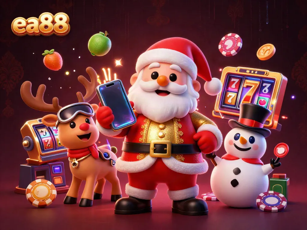 Experience the excitement of ea88 with cartoon Santa in a vibrant casino scene showcasing jackpot slots.