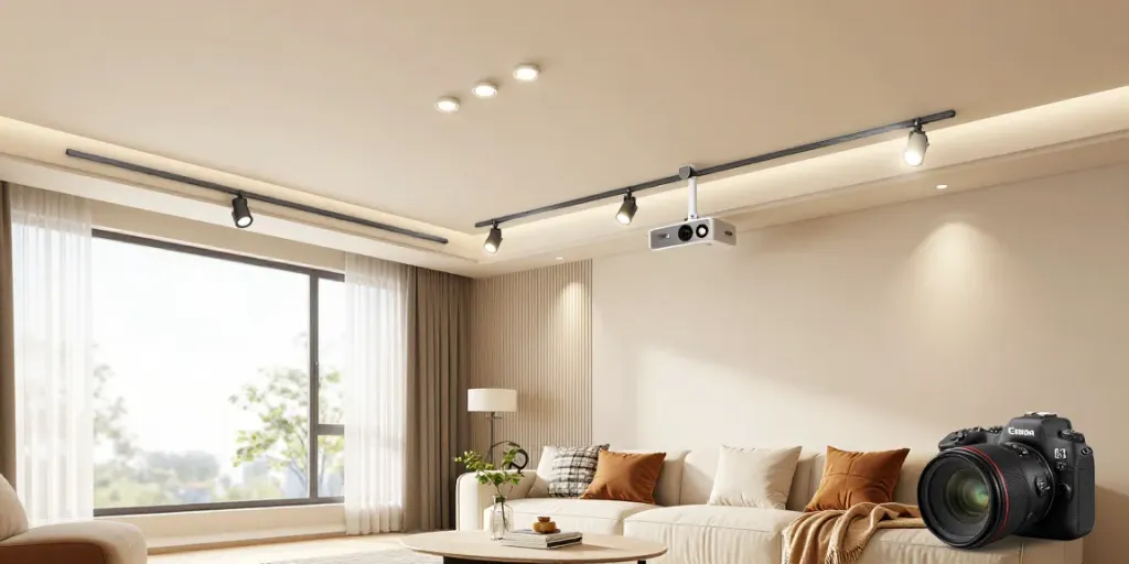 Iluminat modern cu sina magnetica și spoturi LED într-un living elegant