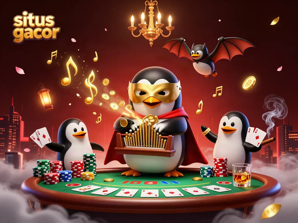 Experience excitement with situs gacor as a 3D phantom penguin triumphantly plays an organ showering golden coins.