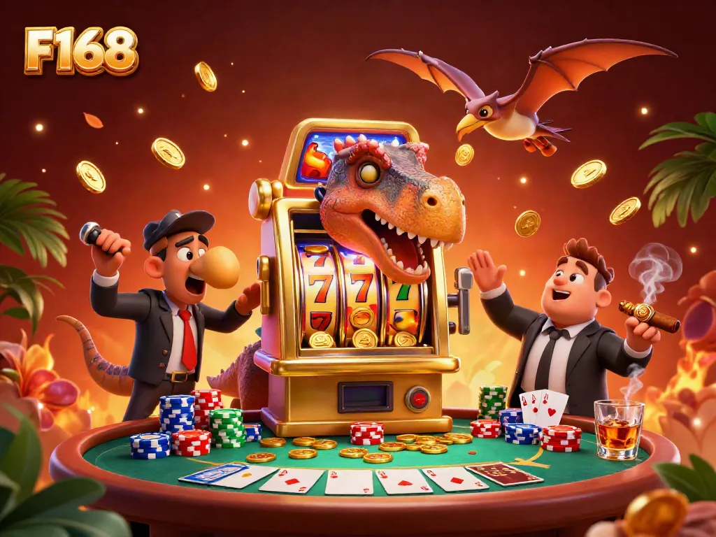 Catch flying coins with F168 in this vibrant casino scene featuring dynamic characters and slot machines.