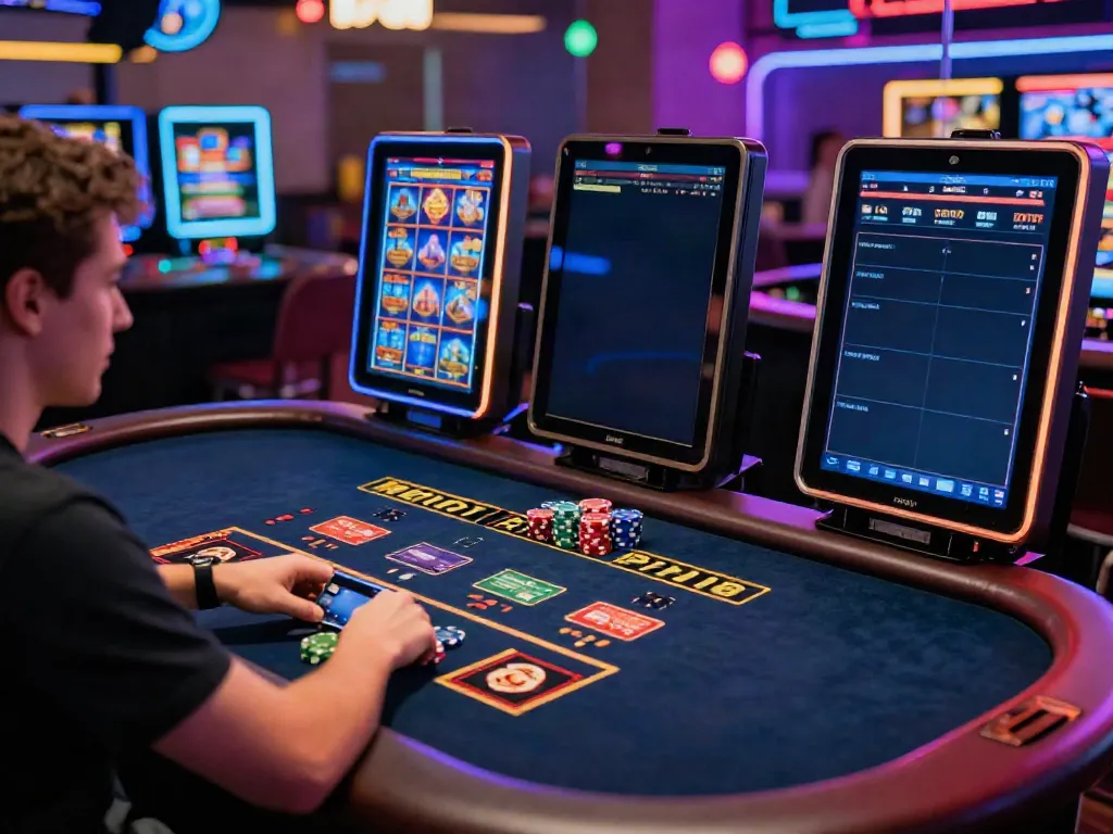 Player engaging with online casinos that accept credit cards at a modern live dealer table, vibrant gaming atmosphere.