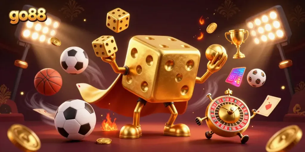 Experience the thrill of go88 gaming with dynamic gold dice and sports elements in vibrant action.
