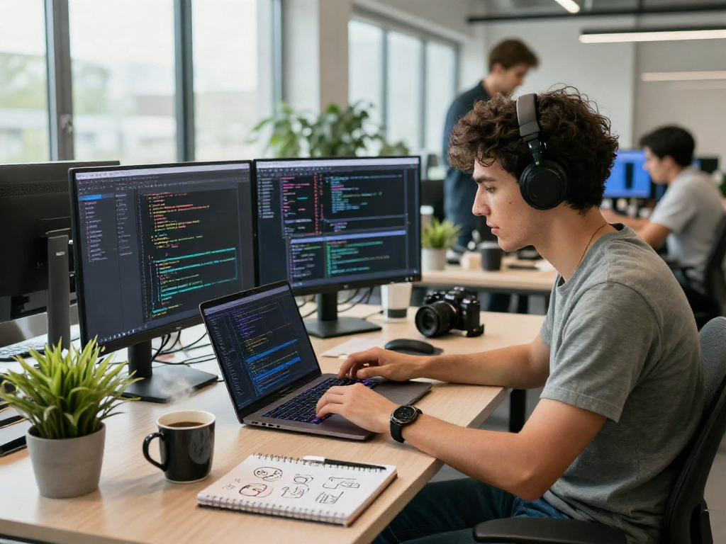 Software engineer coding at a modern workspace with crushonai features and vibrant atmosphere.