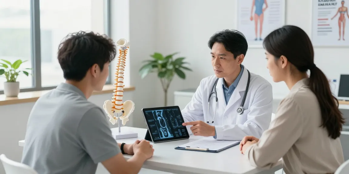Discussing boyun fıtığı ameliyatı options with a surgeon in a modern clinic.