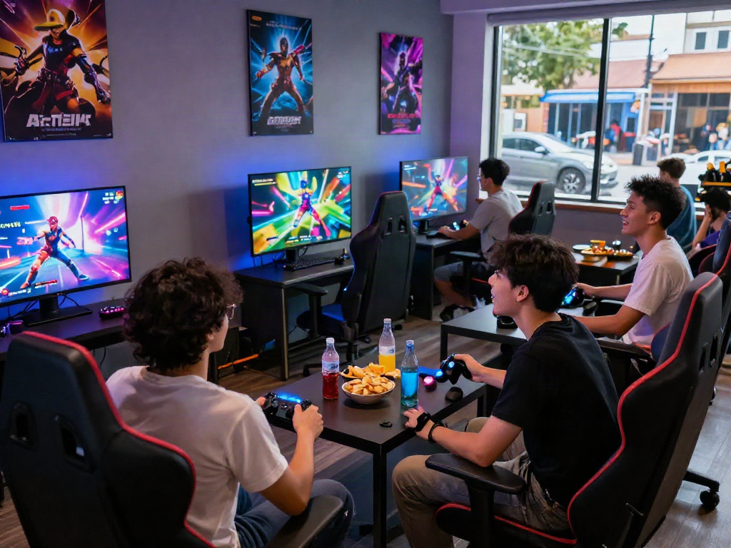 Friends enjoying interactive sex games in a vibrant gaming lounge with snacks and colorful decor.