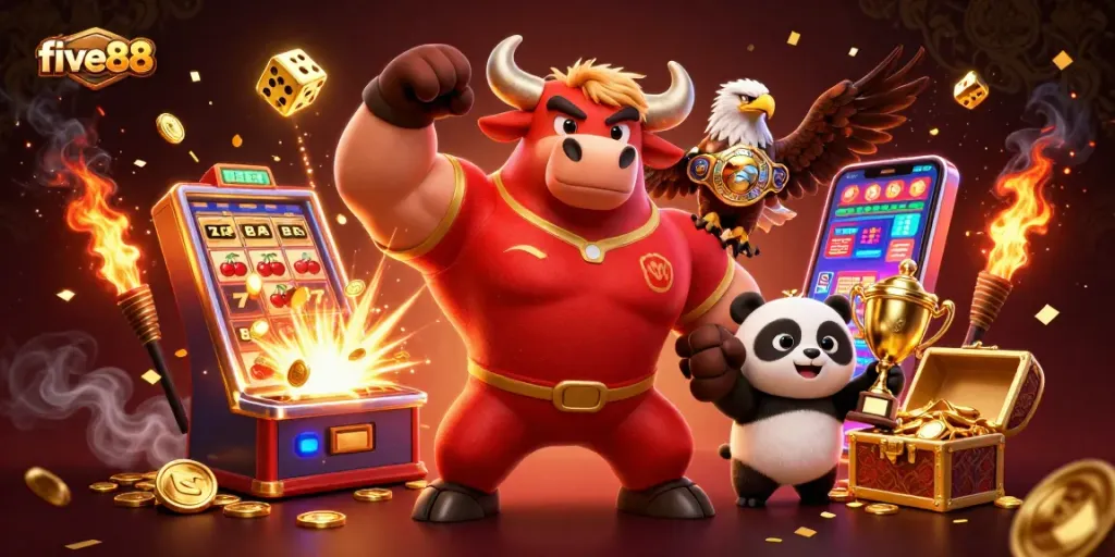 Win big with five88 at a vibrant online casino featuring a bull mascot and thrilling games