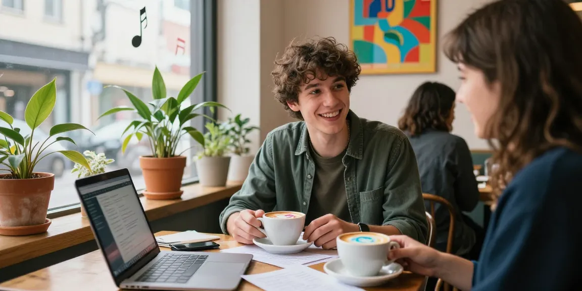 Young person enjoying coffee and talking about a crush on someone in a cozy café.