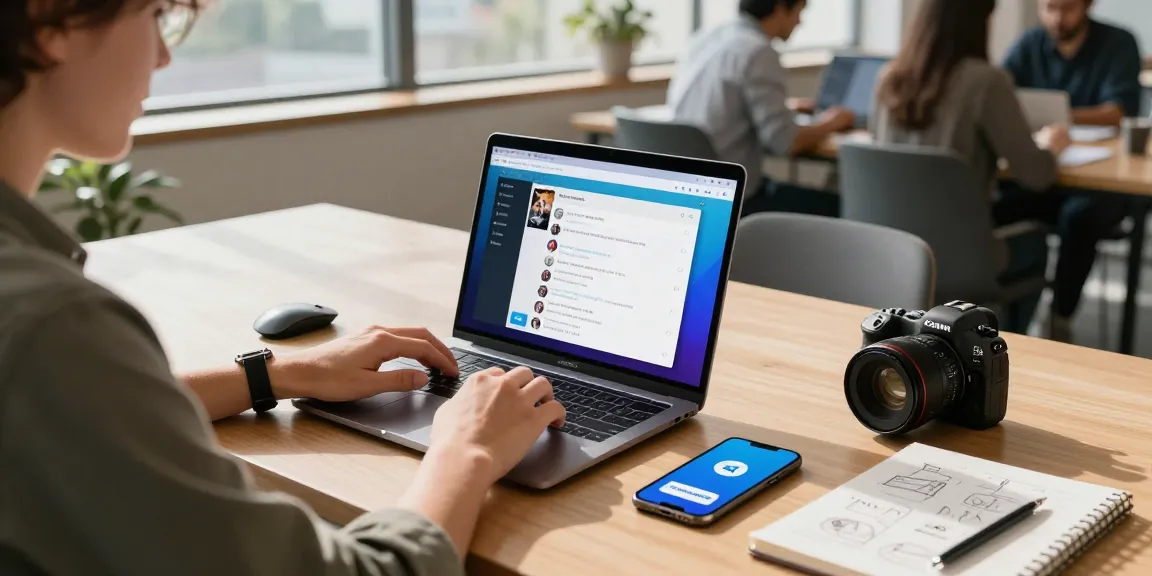 Engaging workspace with person using Telegram Web Version on laptop, showcasing dynamic tech environment.