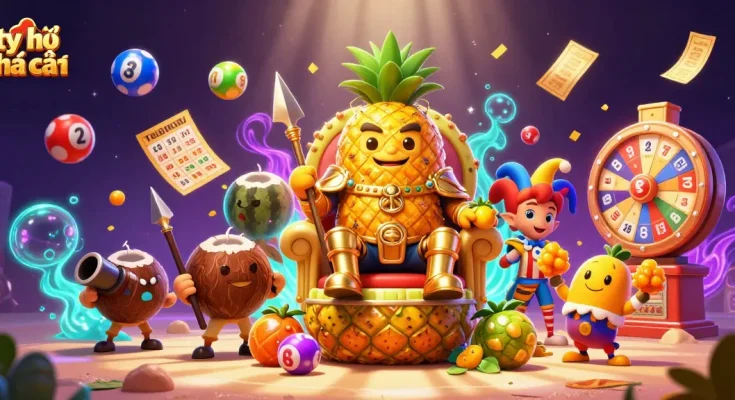 Engaging illustration showcasing tỷ lệ nhà cái in a vibrant beach casino scene with a golden pineapple king.