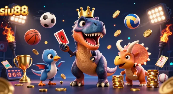 Siu88 showcases T-Rex playing cards, while a pterodactyl assists and a triceratops stacks chips in a lively casino scene.