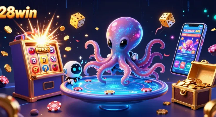 Join the excitement with 28win's alien octopus at a dazzling poker table, mastering winning strategies.