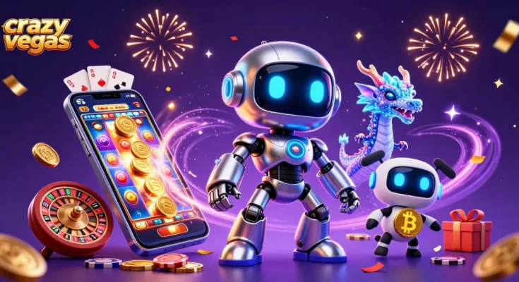 Experience thrilling gameplay with crazyvegas' vibrant 3D casino scene featuring robots, dragons, and slot games.