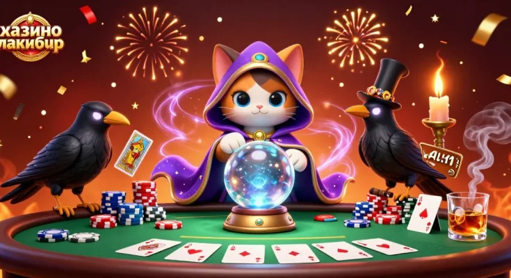 Experience the magic of казино лакибир with a captivating 3D illustration of fortune teller cat and tarot raven.