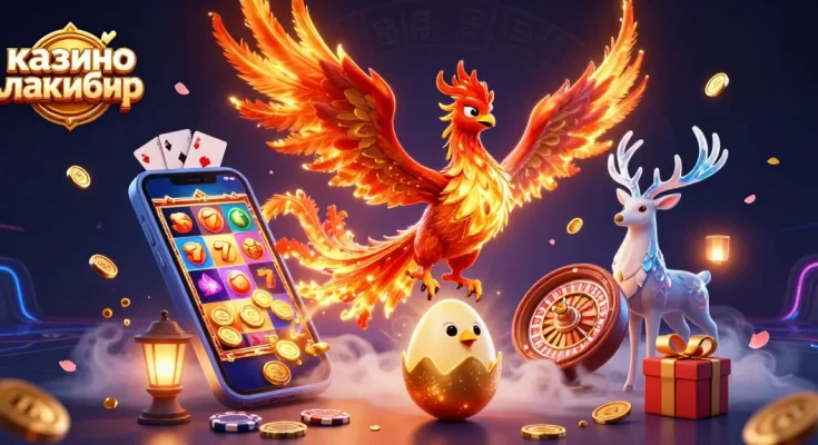Engage with казино лакибир featuring a vibrant scene with a phoenix, baby chick, and mystical stag amidst casino elements.