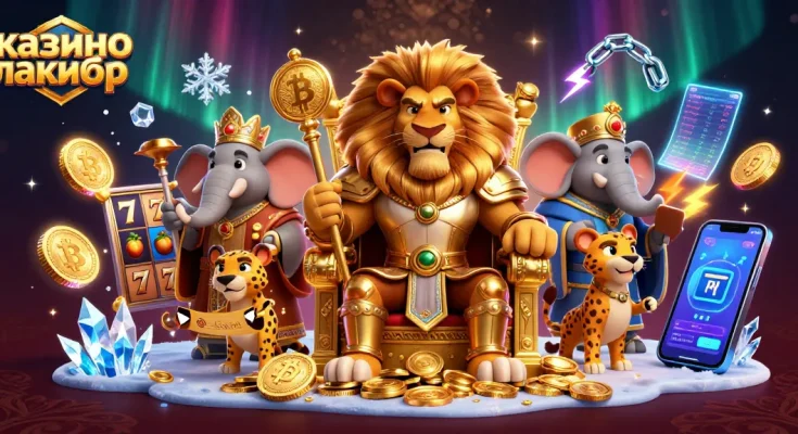Engage with казино лакибир visuals, showcasing rich slot games and vibrant characters in a dynamic casino scene.