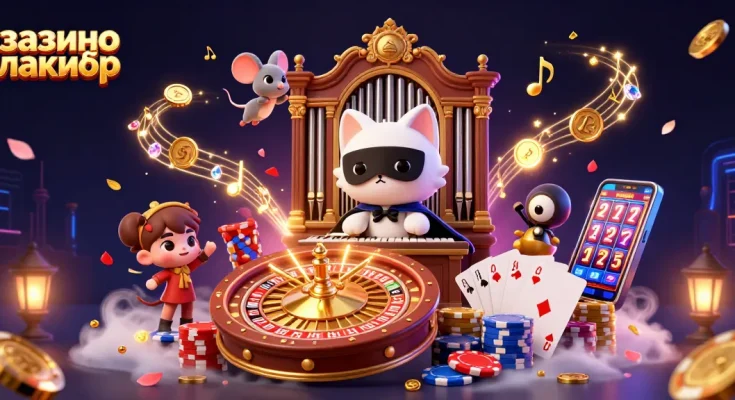 Experience the thrill at казино лакибир with a whimsical scene featuring interactive games and golden treasures.